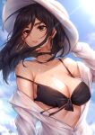  1girl absurdres bangs bare_shoulders bikini black_bikini black_choker black_hair breasts brown_eyes choker commentary_request day earrings eyebrows_visible_through_hair hat highres hua-j jewelry large_breasts long_hair long_sleeves mole mole_on_breast original partially_unbuttoned shirt sky solo strap_slip sun_hat swimsuit thick_eyebrows upper_body white_headwear white_shirt 