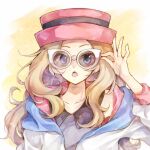  1girl adjusting_eyewear artist_name blonde_hair collarbone collared_shirt commentary grey_eyes grey_shirt hand_up hat hood hooded_jacket jacket long_hair looking_at_viewer open_mouth pink_headwear pokemon pokemon_(game) pokemon_xy serena_(pokemon) shirt solo sunglasses teeth tongue upper_body watermark white-framed_eyewear yomogi_(black-elf) 