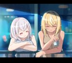  2girls ^_^ bangs bare_arms bare_shoulders blonde_hair blush breasts brown_shirt closed_eyes closed_mouth collarbone cup dark_skin dark-skinned_female drinking_glass eyebrows_visible_through_hair facing_another grey_hair grey_shirt hair_between_eyes holding holding_cup hololive hot_kakigoori large_breasts letterboxed multicolored_hair multiple_girls ponytail railing ribbed_shirt shiranui_flare shirogane_noel shirt sleeveless sleeveless_shirt smile streaked_hair upper_body virtual_youtuber white_hair 
