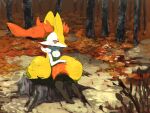  animal_ear_fluff animal_nose braixen buntatta closed_mouth commentary_request forest gen_6_pokemon leaf looking_at_viewer nature orange_eyes outdoors pokemon pokemon_(creature) sitting solo toes tree tree_stump white_fur yellow_fur 