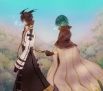  2boys archbishop_(ragnarok_online) black_coat black_gloves black_hair brown_capelet brown_gloves cape coat commentary_request demon_wings feet_out_of_frame fingerless_gloves forest gloves green_hair head_wings long_coat looking_to_the_side male_focus misuguu multiple_boys nature ragnarok_online short_hair tree two-tone_coat walking white_cape white_coat wings wizard_(ragnarok_online) 