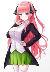  1girl :p absurdres bangs black_ribbon blue_eyes blunt_bangs blush eyebrows_visible_through_hair go-toubun_no_hanayome gradient gradient_background green_skirt grey_background hair_ribbon hand_on_hip highres kano_(wi3028) long_hair looking_at_viewer nakano_nino redhead ribbon shirt skirt solo thigh-highs tongue tongue_out white_background white_legwear white_shirt zettai_ryouiki 