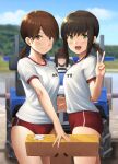  1boy 3girls :d ass bandaid bangs black_hair blue_sky blurry blush breasts brown_eyes brown_hair buruma commentary_request crack day depth_of_field from_side fubuki_(kancolle) green_eyes gym_uniform hatsuyuki_(kancolle) highres ichikawa_feesu kantai_collection long_hair looking_at_viewer low_ponytail low_twintails multiple_girls name_tag open_mouth outdoors ponytail red_buruma school_uniform shirayuki_(kancolle) shirt short_ponytail short_sleeves sidelocks sky smile t-head_admiral twintails v white_shirt 