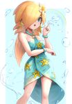  1girl alternate_costume blonde_hair blue_eyes dress gonzarez highres super_mario_bros. pointing pointing_up rainbow rosalina solo star_(symbol) sundress super_mario_galaxy water 