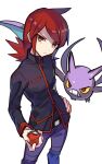  ahoge belt_buckle buckle closed_mouth crobat frown gen_2_pokemon hand_on_hip holding holding_poke_ball jacket looking_at_viewer poke_ball pokemon pokemon_(game) pokemon_hgss red_eyes redhead short_hair silver_(pokemon) tpi_ri violet_eyes white_background 