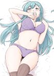  1girl aqua_eyes aqua_hair blush bra breasts covering_mouth hair_ornament hairclip hand_over_own_mouth highres kantai_collection large_breasts looking_at_viewer lying navel on_back panties purple_bra purple_panties solo suzuya_(kancolle) thigh-highs underwear vent_arbre 