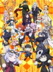  1boy 6+girls absurdres ahoge alcohol armor armored_dress artoria_pendragon_(all) baseball_cap black_dress black_legwear black_skirt blonde_hair blue_eyes boots breasts brown_hair buruma carrot chaldea_uniform confetti corn_dog cosplay cup dress drinking_glass edmond_dantes_(fate) eyebrows_visible_through_hair fangs fate/grand_carnival fate/grand_order fate_(series) fou_(fate) fujimaru_ritsuka_(female) gauntlets gilgamesh_(caster)_(fate) gilgamesh_(fate) glasses green_eyes gym_uniform hair_ornament hair_over_one_eye hair_scrunchie hat highres horns illyasviel_von_einzbern instrument jacket jaguarman_(fate) jeanne_d&#039;arc_(alter)_(fate) jeanne_d&#039;arc_(fate)_(all) key_visual large_breasts light_purple_hair long_sleeves looking_at_viewer looking_back maracas mash_kyrielight medium_breasts merlin_(fate) multiple_girls mysterious_neko_v mysterious_neko_w mysterious_neko_x mysterious_neko_y necktie nero_claudius_(fate) nero_claudius_(fate)_(all) official_art open_mouth orange_eyes orange_hair pantyhose pleated_skirt red_eyes saber_lily scar scar_on_face scarf scrunchie shinai short_hair side_ponytail single_horn sitonai_(fate) skirt skull_mask small_breasts smile sword tail thigh-highs upper_teeth violet_eyes weapon white_footwear wine wine_glass yellow_eyes zettai_ryouiki 