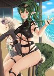 2girls :d animal_ear_fluff animal_ears antenna_hair arknights bangs beach bikini black_bikini black_jacket breasts commentary_request crocodilian_tail cup drinking_glass eyewear_on_head feet_out_of_frame gavial_(arknights) green_hair hair_between_eyes hair_intakes hand_up highres holding holding_cup jacket large_breasts long_hair long_sleeves looking_at_viewer multiple_girls navel open_clothes open_jacket open_mouth pointy_ears ponytail silver_hair sitting smile springveiv stomach sunglasses swimsuit tail thighs under_boob utage_(arknights) utage_(summer_flowers)_(arknights) visor_cap yellow_eyes