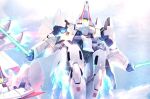  beam_saber clouds dual_wielding glowing glowing_eye gundam gundam_wing holding holding_sword holding_weapon looking_down mecha misaki_suzukaze mobile_suit no_humans one-eyed science_fiction sky solo_focus sword taurus_(mobile_suit) weapon 