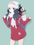  1girl backpack bag beanie blue_eyes blue_hair closed_mouth coat hikari_(pokemon) gen_4_pokemon hair_ornament hairclip hat krbchmgn long_hair looking_at_viewer pokemon pokemon_(creature) pokemon_(game) pokemon_dppt scarf simple_background smile solo starly winter_clothes 