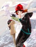  2boys baseball_cap black_headwear black_jacket black_pants brown_coat brown_hair brown_pants buntatta coat commentary_request floating_hair floating_scarf from_side gen_5_pokemon green_hair hand_up hat highres hilbert_(pokemon) holding holding_pokemon hood hooded_jacket jacket legendary_pokemon long_hair long_sleeves male_focus multiple_boys n_(pokemon) pants pokemon pokemon_(creature) pokemon_(game) pokemon_bw red_footwear red_headwear reshiram scarf white_scarf zorua 