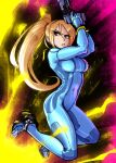  1girl blonde_hair blue_bodysuit blue_eyes bodysuit breasts covered_navel english_commentary full_body gingrjoke gun high_heels high_ponytail highres holding holding_gun holding_weapon long_hair looking_away metroid mole mole_under_mouth ponytail samus_aran skin_tight solo super_smash_bros. symbol_commentary v-shaped_eyebrows weapon zero_suit 