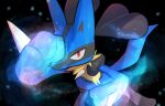  arm_up commentary_request energy gen_4_pokemon glowing highres looking_at_viewer lucario nullma pokemon pokemon_(creature) red_eyes solo spikes toes yellow_fur 