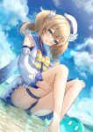  1girl :o barbara_(genshin_impact) barbara_(summertime_sparkle)_(genshin_impact) bare_legs bare_shoulders barefoot blonde_hair blue_eyes blue_sailor_collar blue_sky blue_swimsuit blush bow casual_one-piece_swimsuit clouds creature day detached_sleeves dutch_angle genshin_impact hat highres jori lens_flare long_hair long_sleeves official_alternate_costume one-piece_swimsuit open_clothes open_mouth sailor_collar sailor_hat shallow_water skindentation sky slime_(genshin_impact) solo striped striped_bow swimsuit swimsuit_under_clothes thigh_strap twintails water white_headwear yellow_bow 