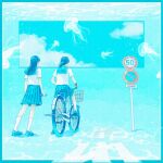  2girls aqua_theme bicycle blue_sailor_collar from_behind ground_vehicle jellyfish multiple_girls original pleated_skirt sailor_collar school_uniform serafuku shadow shirt shoes short_sleeves sign skirt socks wacca005 white_legwear white_shirt wide_shot 