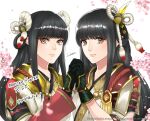  2girls black_hair blush hinoa holding_hands japanese_clothes kimono long_hair minoto monster_hunter monster_hunter_(series) monster_hunter_rise siblings twins uooper 