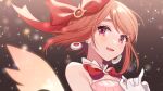  1girl bangs bare_shoulders character_request earrings floating_hair gloves hair_ornament hair_ribbon highres jewelry looking_at_viewer medium_hair open_mouth orange_hair ribbon shigure_ui solo white_gloves wixoss_diva(a)live 