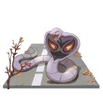  arbok black_eyes branch commentary_request dlitw gen_1_pokemon highres leaf looking_to_the_side no_humans open_mouth pokemon pokemon_(creature) road sharp_teeth snake solo teeth tongue white_background 
