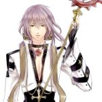  1boy archbishop_(ragnarok_online) bangs black_coat black_gloves coat commentary_request cross cross_necklace fingerless_gloves gloves hair_between_eyes holding holding_staff jewelry long_sleeves looking_at_viewer male_focus medium_hair misuguu necklace open_clothes open_coat parted_lips purple_hair ragnarok_online simple_background solo staff two-tone_coat upper_body white_background white_coat yellow_eyes 