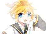  1boy :o akikan_sabago arm_warmers bass_clef black_collar black_sleeves blonde_hair bloom blue_eyes collar commentary hand_on_headphones hand_up kagamine_len looking_at_viewer male_focus open_mouth portrait sailor_collar shirt short_ponytail short_sleeves solo spiky_hair vocaloid white_background white_shirt 
