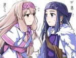  2girls ainu_clothes asirpa belt blue_eyes blue_hair coat fate/grand_order fate_(series) golden_kamuy hairband long_hair multiple_girls open_mouth orange_hair ribbon silver_hair simple_background sitonai_(fate) smile twintails white_background yuuma_(u-ma) 