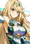  1girl armpits bangs blonde_hair breasts chest_jewel dress earrings eyebrows_visible_through_hair headpiece highres jewelry long_hair looking_at_viewer mythra_(massive_melee)_(xenoblade) mythra_(xenoblade) smile solo swept_bangs synchroman white_dress xenoblade_chronicles_(series) xenoblade_chronicles_2 yellow_eyes 