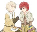  2boys acolyte_(ragnarok_online) armored_boots bangs belt blonde_hair boots brown_footwear brown_gloves brown_pants brown_shirt brown_shorts capelet cassock cheesecake closed_eyes commentary_request cross_scar eyebrows_visible_through_hair feeding food fork full_body gloves hair_between_eyes holding holding_fork indian_style long_sleeves looking_at_another misuguu multiple_boys open_mouth pants ragnarok_online red_eyes redhead scar scar_on_face seiza shirt short_hair shorts simple_background sitting standing swordsman_(ragnarok_online) white_background white_capelet 