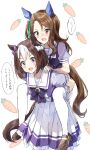  2girls :d animal_ears bangs blush bow braid brown_footwear brown_hair carrying commentary_request ear_bow eyebrows_visible_through_hair frilled_skirt frills green_bow hair_bow highres horse_ears horse_girl horse_tail king_halo_(umamusume) long_hair multicolored_hair multiple_girls one_side_up open_mouth parted_bangs pentagon_(railgun_ky1206) piggyback pleated_skirt puffy_short_sleeves puffy_sleeves purple_bow purple_shirt red_eyes school_uniform shirt shoes short_sleeves simple_background skirt smile special_week_(umamusume) streaked_hair sweat tail thigh-highs tracen_school_uniform translation_request umamusume v-shaped_eyebrows violet_eyes white_background white_hair white_legwear white_skirt 