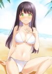  1girl arm_support bangs beach bikini black_hair blush breasts collarbone day eyebrows_visible_through_hair frown green_eyes hand_on_own_chest hand_up highres knee_up koto_(colorcube) long_hair looking_at_viewer medium_breasts navel ocean on_ground original outdoors palm_tree side-tie_bikini sidelocks sitting solo swimsuit tearing_up tree white_bikini 