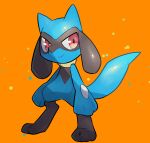  closed_mouth commentary_request full_body gen_4_pokemon highres looking_to_the_side no_humans nullma orange_background pokemon pokemon_(creature) red_eyes riolu shiny shiny_skin smile solo standing toes 