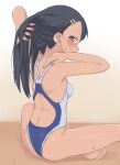  1girl ass black_hair breasts brown_eyes bubukka closed_mouth commentary_request dark_skin dark-skinned_female from_behind ijiranaide_nagatoro-san indian_style long_hair medium_breasts nagatoro_hayase one-piece_swimsuit sitting smile solo swimsuit 