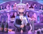 1girl :3 absurdres ahoge animal_ear_fluff animal_ears black_choker cat_ears choker closed_mouth collarbone commentary_request deaver eyebrows_visible_through_hair fang highres hololive nekomata_okayu purple_hair short_hair skin_fang smile solo tail violet_eyes virtual_youtuber