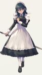  1girl alternate_costume apron bangs black_dress black_footwear blue_hair byleth_(fire_emblem) byleth_eisner_(female) commentary_request dress enmaided eyebrows_visible_through_hair fire_emblem fire_emblem:_three_houses frilled_dress frills full_body grey_background hair_between_eyes hand_up head_tilt highres holding holding_weapon loafers long_hair long_sleeves looking_at_viewer maid maid_apron maid_headdress mano_(m1n0f2e1) shiny shiny_hair shoes sidelocks simple_background solo twitter_username violet_eyes weapon white_legwear 