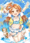  1girl :d animal arms_up bangs bikini bikini_skirt blue_bikini blue_sky blush brown_eyes brown_hair cat clouds collarbone commentary_request day drawstring eyebrows_visible_through_hair flower flower_bracelet full_body highres idolmaster idolmaster_million_live! idolmaster_million_live!_theater_days jacket long_hair looking_at_viewer one_side_up oogami_tamaki open_clothes open_jacket open_mouth outdoors parted_bangs polka_dot polka_dot_bikini puffy_short_sleeves puffy_sleeves regular_mow round_teeth shoes short_sleeves sky smile solo star_(symbol) swimsuit teeth upper_teeth very_long_hair white_flower white_footwear yellow_jacket 