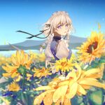  1girl amberdl apron artist_name black_ribbon blue_dress blue_eyes bow braid day dress field flower flower_field green_bow hair_bow hair_ribbon izayoi_sakuya looking_at_viewer looking_back maid_apron maid_headdress mountainous_horizon outdoors parted_lips petals puffy_short_sleeves puffy_sleeves ribbon sash short_hair short_sleeves silver_hair sky solo sunflower touhou twin_braids upper_body water white_bow white_hair white_sash wind yellow_flower 