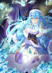  1girl :o absurdres ahoge belt beret blue_coat blue_hair blue_skirt blurry blurry_background braid breasts coat commentary_request corset eyebrows_visible_through_hair flower french_braid fur-trimmed_coat fur_trim glint hair_between_eyes hair_flower hair_ornament hat heart_ahoge highres hololive ice long_hair looking_at_viewer medium_breasts pleated_skirt pointy_ears shirt skirt solo thigh-highs tonasegaill virtual_youtuber white_headwear white_legwear white_shirt yellow_eyes yukihana_lamy zettai_ryouiki 