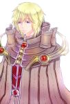  1boy blonde_hair blue_eyes braid brown_cape cape closed_mouth commentary_request looking_to_the_side male_focus misuguu ragnarok_online red_shirt sage_(ragnarok_online) shirt short_hair side_braid simple_background single_braid solo striped_cape upper_body white_background 