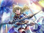  1girl armor armored_dress blonde_hair blurry blurry_background crown curtains evil_grin evil_smile eyebrows_visible_through_hair frills game_cg garter_straps gloves green_eyes grin holding_railing light_rays looking_at_viewer mismatched_gloves mismatched_legwear railing shoujo_kageki_revue_starlight shoujo_kageki_revue_starlight_-re_live- smile solo sparkle star_(symbol) thigh-highs yumeoji_shiori 