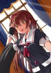  1girl asymmetrical_clothes black_serafuku brown_eyes brown_hair commentary_request dutch_angle hair_flaps hairband kantai_collection looking_at_viewer mayura2002 neckerchief red_hairband red_neckwear remodel_(kantai_collection) sailor_collar salute school_uniform serafuku shiratsuyu_(kancolle) solo upper_body whistle whistle_around_neck white_sailor_collar window 