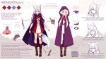  1girl animal_ears arm_ribbon ascot boots brown_footwear character_profile cloak commission dress english_text expressions full_body hair_ribbon hood hood_down hood_up hooded_cloak hyanna-natsu long_hair original purple_cloak ribbon short_dress tail white_hair wolf_ears wolf_girl wolf_tail 