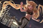  1girl :d animal_ears arm_up backlighting bare_arms bare_shoulders bell black_shirt blonde_hair breasts cat_ears cityscape commission crop_top dutch_angle hair_ornament highres indoors jingle_bell leg_up leggings long_hair looking_at_viewer low_twintails medium_breasts melaton midriff navel night open_mouth original shirt shoes skeb_commission sleeveless sleeveless_shirt smile sneakers solo standing standing_on_one_leg twintails very_long_hair violet_eyes 