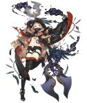  1girl blonde_hair boots cloak feathers full_body hidden_mouth holding holding_weapon hood hooded_cloak ji_no little_red_riding_hood_(sinoalice) lock long_hair looking_at_viewer midriff navel official_art orange_eyes padlock polearm short_shorts shorts sinoalice solo thigh-highs thigh_boots transparent_background weapon 