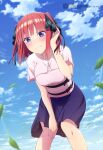  1girl absurdres bangs blue_eyes blue_skirt blue_sky blunt_bangs butterfly_hair_ornament closed_mouth clouds day from_below go-toubun_no_hanayome hair_ornament hand_in_hair hand_on_own_knee highres knees_together_feet_apart leaf looking_at_viewer megami_magazine nakano_nino official_art outdoors pink_shirt redhead scan shirt short_hair short_sleeves sidelocks skirt sky smile solo 