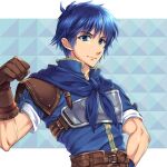  1boy ahoge arm_up armor awayuki_ramika belt blue_background blue_eyes blue_hair clenched_hand closed_mouth fire_emblem fire_emblem:_new_mystery_of_the_emblem fire_emblem_12 hand_on_hip intelligent_systems kris_(fire_emblem) kris_(fire_emblem)_(male) looking_at_viewer male_focus muscular nintendo shoulder_armor simple_background super_smash_bros. upper_body 