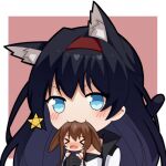  &gt;_&lt; 2girls :3 amiya_(arknights) animal_ear_fluff animal_ears arknights bangs black_gloves black_hair blaze_(arknights) blue_eyes blush border cat_ears cat_tail chibi gloves hairband hand_up holding_another long_hair looking_at_viewer lowres moon_ash multiple_girls nose_blush open_mouth outside_border rabbit_ears redhead sidelocks smile tail upper_body 