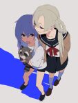  2girls braid doll_hug highres kamo_kamen kneehighs kozakura_(urasekai_picnic) light looking_at_another multiple_girls scar scar_on_face school_uniform shadow standing stitched_face urasekai_picnic urumi_luna 