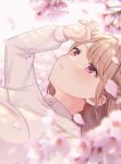  1girl arm_up bangs blurry blurry_background blurry_foreground blush brown_hair commentary_request depth_of_field eyebrows_visible_through_hair flower looking_away lying on_back original parted_lips petals pink_flower red_eyes shiromikan shirt solo upper_body white_shirt 