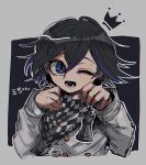  1boy ;d black_hair buttons checkered checkered_neckwear checkered_scarf cropped_torso crown dangan_ronpa_(series) dangan_ronpa_v3:_killing_harmony double-breasted flipped_hair gradient_hair grey_background grey_jacket hair_between_eyes hands_up jacket kara_aren long_sleeves lower_teeth male_focus multicolored_hair one_eye_closed open_mouth ouma_kokichi purple_hair scarf short_hair smile solo straitjacket translation_request two-tone_hair violet_eyes 
