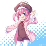  arm_up blue_eyes brown_headwear dennou_tenshi_jibril hair_bobbles hair_ornament halo hat highres jacket long_hair luvriel momojiri_aya open_mouth overall_shorts overalls pantyhose pink_hair pink_jacket sleeves_past_wrists smile twintails white_legwear 