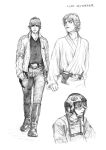  1boy belt boots character_name haruichi_(haruichithm) helmet highres jacket looking_to_the_side luke_skywalker male_focus multiple_views parted_lips pilot_suit robe science_fiction shirt_tucked_in sketch star_wars upper_body walking white_background 